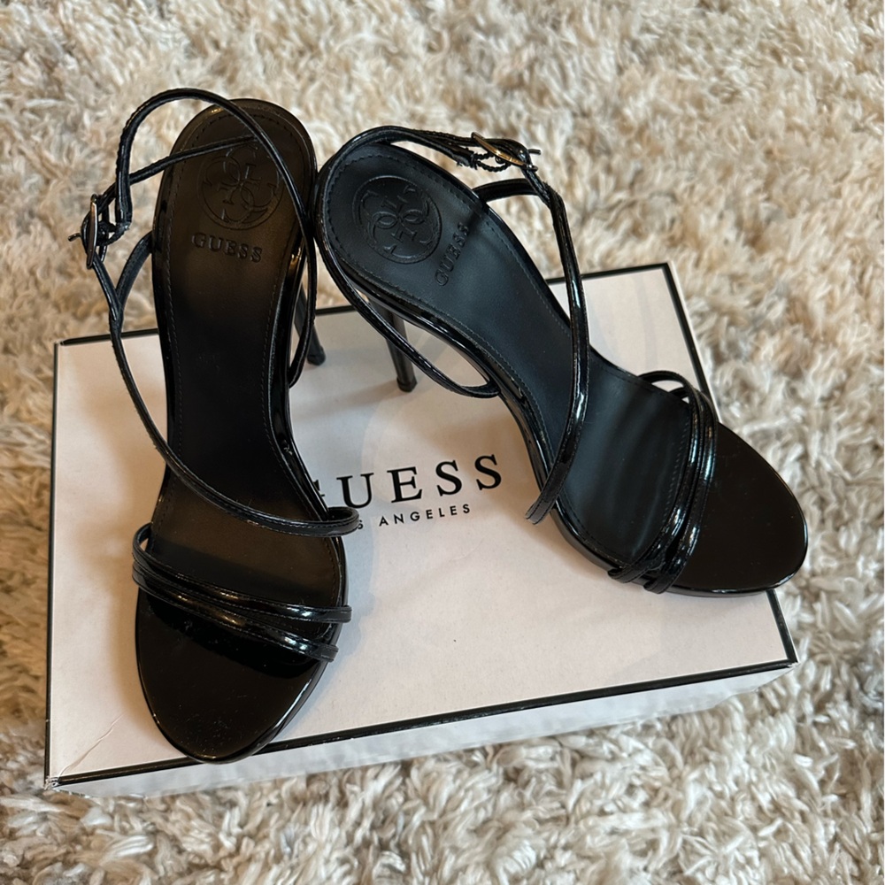 Guess Glossy Black Strappy Heels